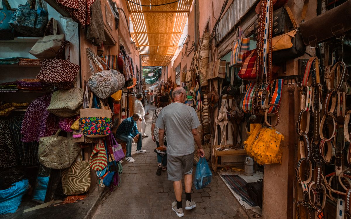 A narrow souk alley in the Marrakesh medina