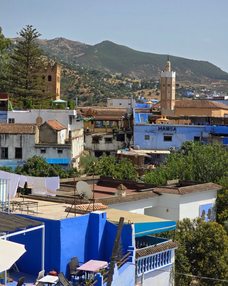The rooftop terrace looking toward the Atlas mountains